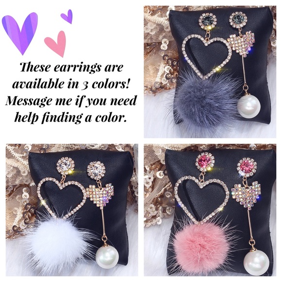 Romantic Crystal Pearl Pink Puff Pom Pom Earrings - Picture 3 of 15